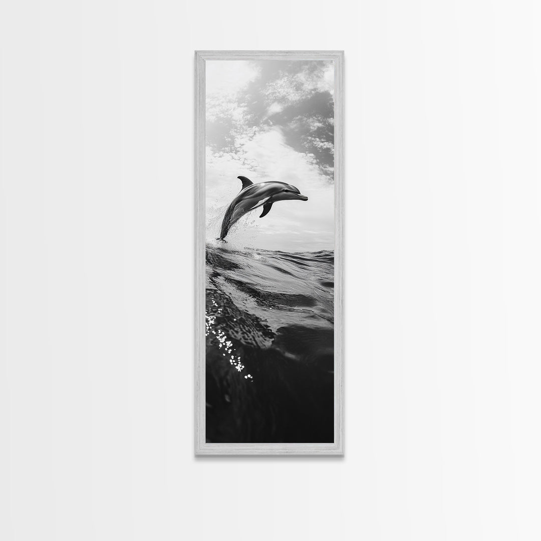 Dolphin Ocean Jump, Black and White Sea Life Print, Coastal Marine Wall Art, Canvas Print, Beach House Decor, Nature Photography