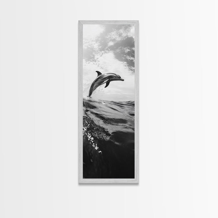 Dolphin Ocean Jump, Black and White Sea Life Print, Coastal Marine Wall Art, Canvas Print, Beach House Decor, Nature Photography