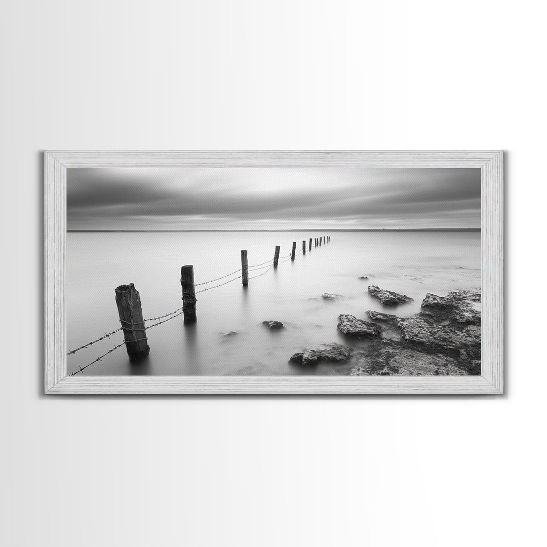 Coastal Fence Line, Tranquil Ocean Scene, Soft Minimalist Photo, Framed Canvas Print, Bathroom or Hallway Wall Art, Zen Vibes