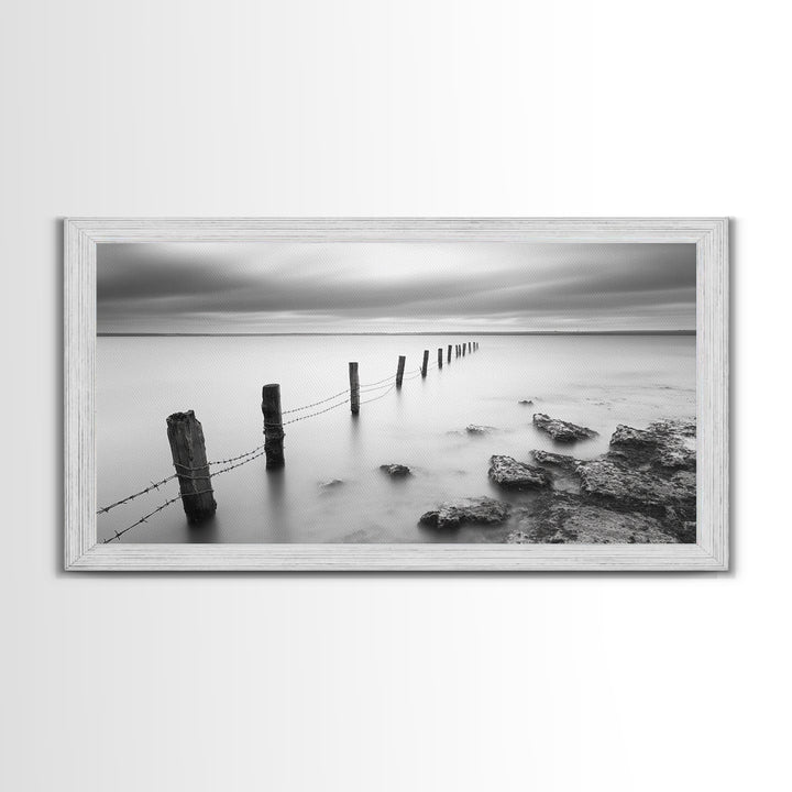 Coastal Fence Line, Tranquil Ocean Scene, Soft Minimalist Photo, Framed Canvas Print, Bathroom or Hallway Wall Art, Zen Vibes