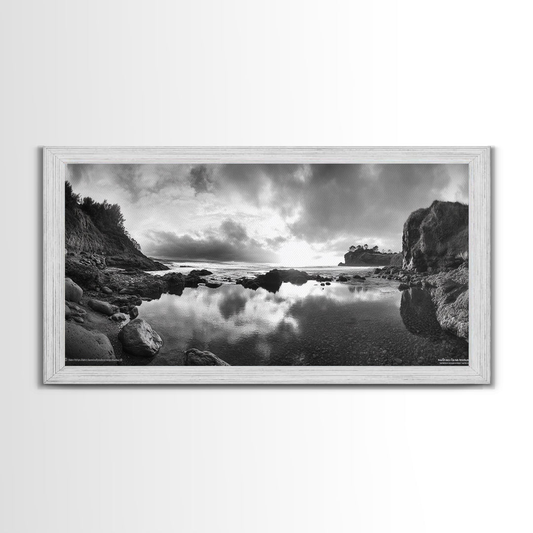 Coastal Reflection, Tide Pools, Dramatic Sky, Ocean Cliff Landscape, Framed Canvas Print, Bedroom Nature Photography Art