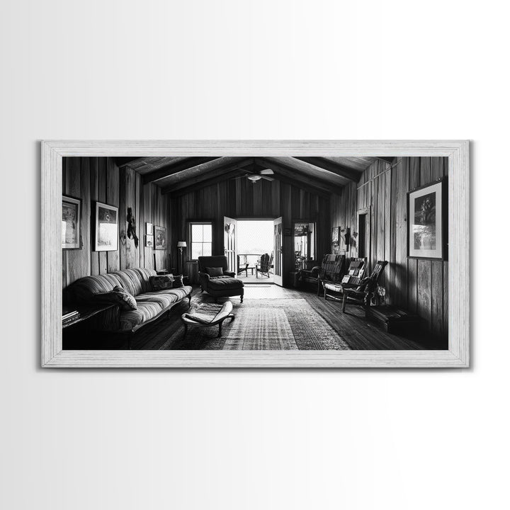 Cozy Cabin Interior, Rustic Living Space, Wood Wall Charm, Canvas Print, Country Living Room Art, Americana Wall Photography