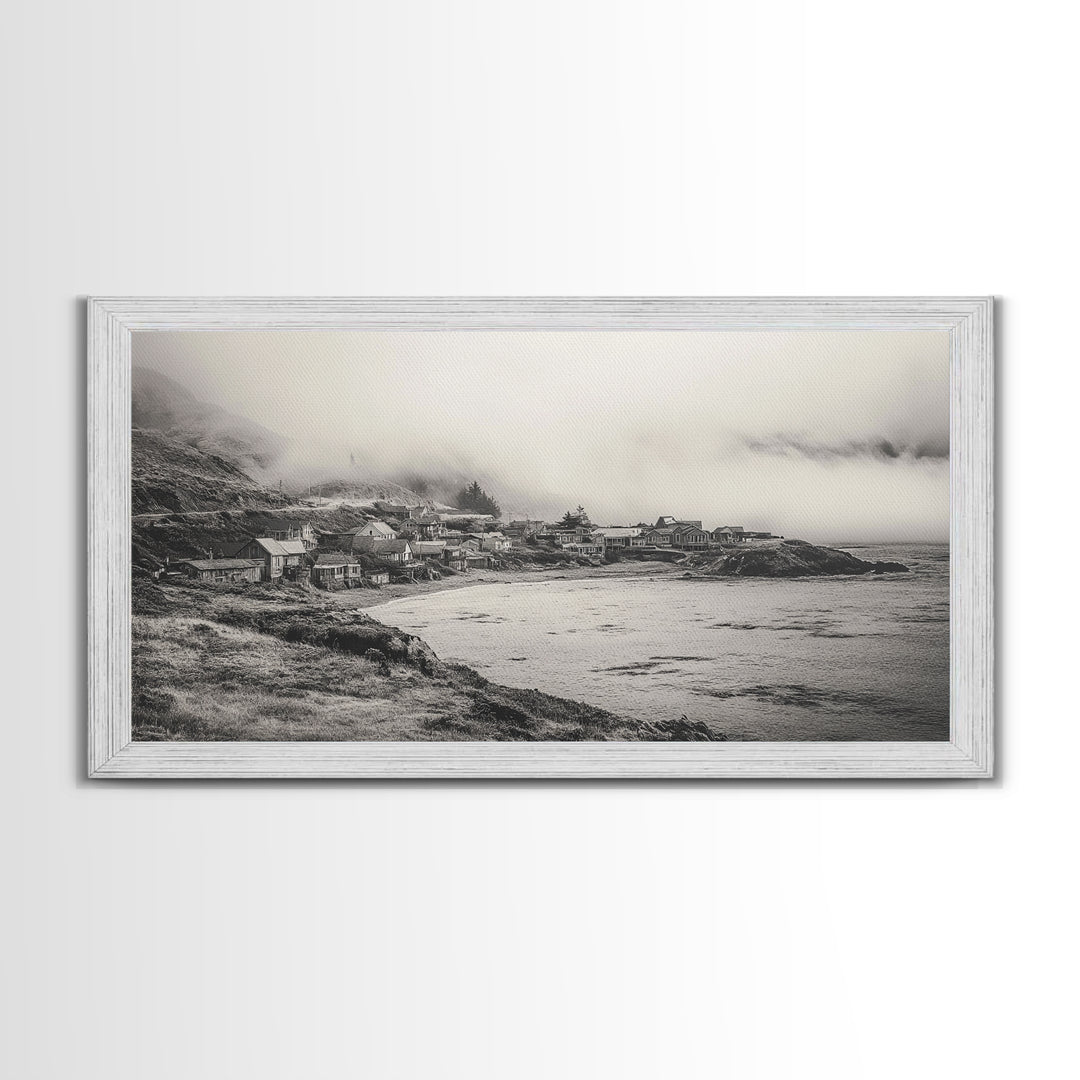 Coastal Fog Village, Misty Ocean Cliff Scene, Black and White Landscape, Canvas Print, Bedroom Wall Art, Rustic Coastal Decor