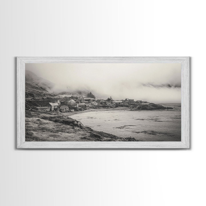 Coastal Fog Village, Misty Ocean Cliff Scene, Black and White Landscape, Canvas Print, Bedroom Wall Art, Rustic Coastal Decor