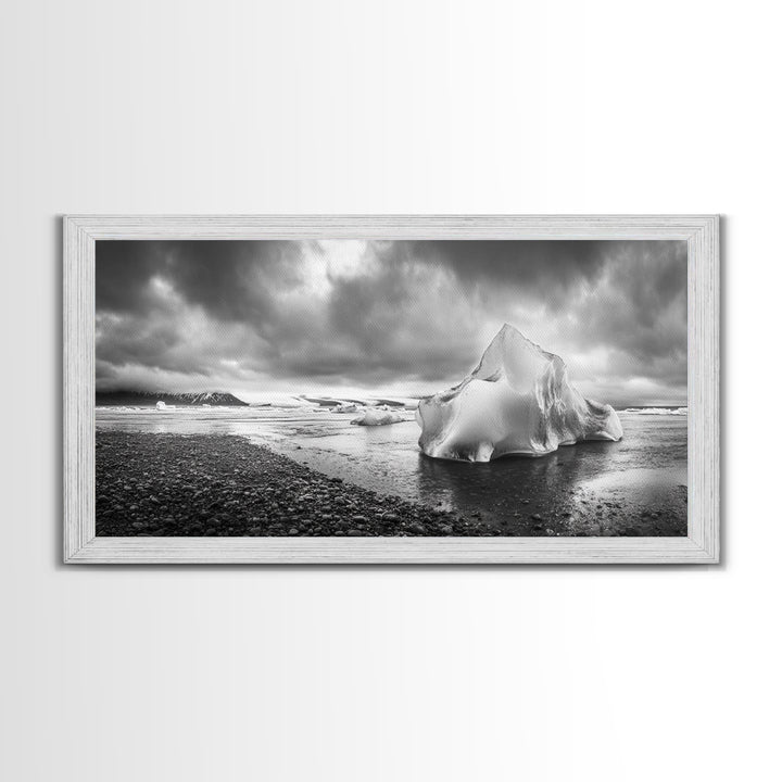 Arctic Iceberg Shore, Moody Cloud Sky, Frozen Water Landscape, Framed Canvas Print, Office Wall Art, Nordic Minimalist Art