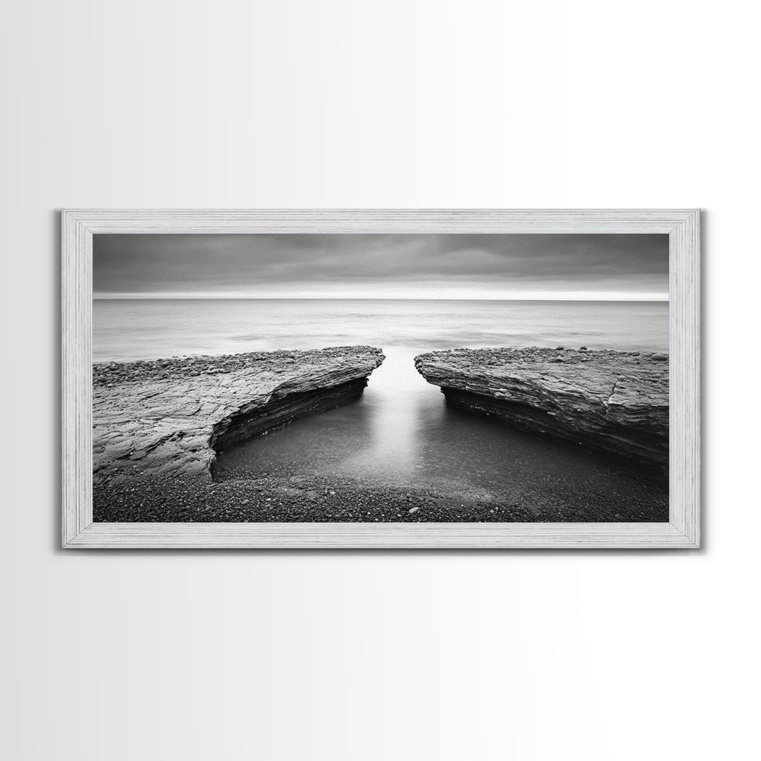 Ocean Rock Split, Calm Seascape Horizon, Monochrome Photography, Canvas Print, Bathroom Wall Art, Zen Coastal Aesthetic, Office Wall Art