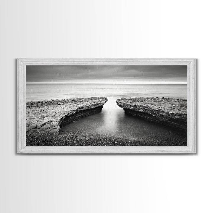 Ocean Rock Split, Calm Seascape Horizon, Monochrome Photography, Canvas Print, Bathroom Wall Art, Zen Coastal Aesthetic, Office Wall Art