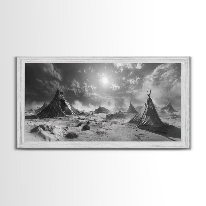 Desert Tent Scene, Surreal Tribal Landscape, Stormy Sky Tents, Canvas Print, Living Room Wall Art, Boho Nomad Aesthetic, Living Room Wall Art