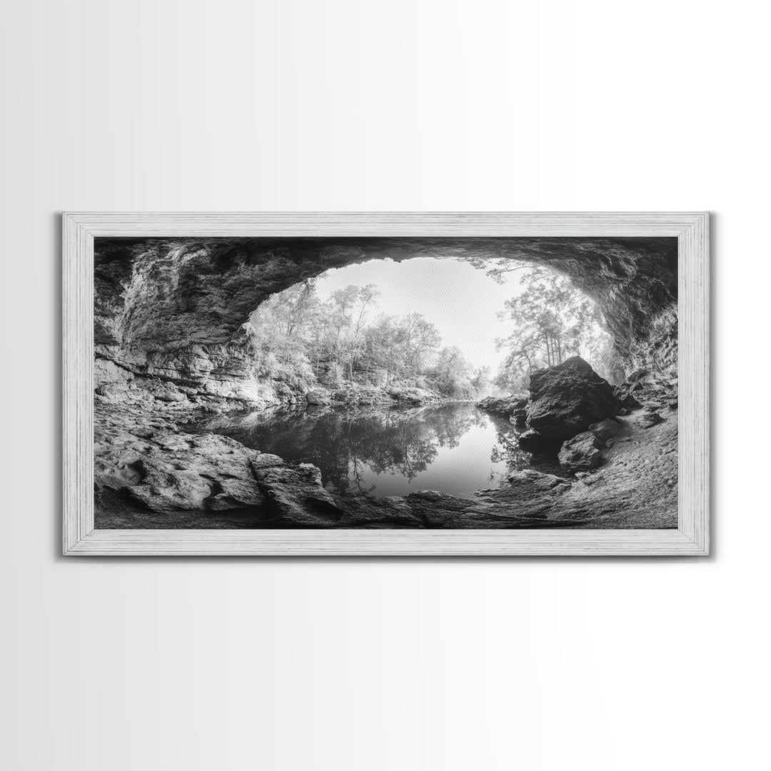 Cave Entrance Lake, Hidden Forest View, Rock Reflection Water, Canvas Print, Hallway Wall Art, Adventure Wilderness Decor, Minimalist Style