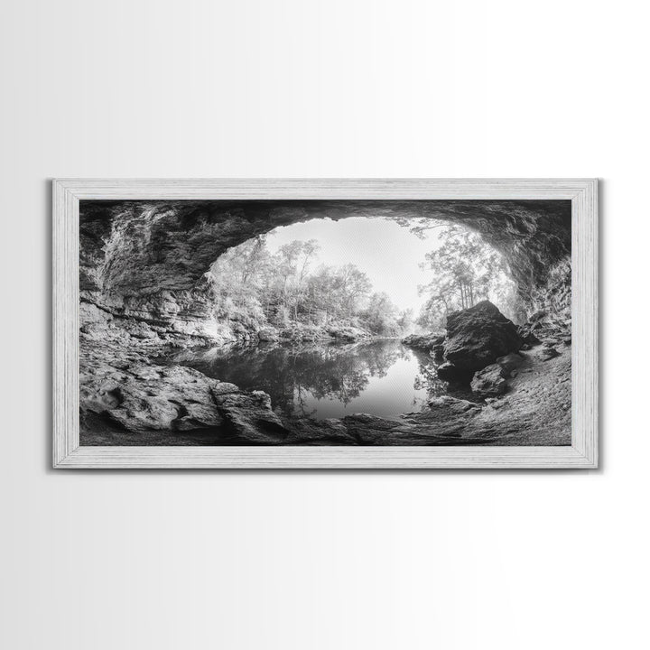 Cave Entrance Lake, Hidden Forest View, Rock Reflection Water, Canvas Print, Hallway Wall Art, Adventure Wilderness Decor, Minimalist Style