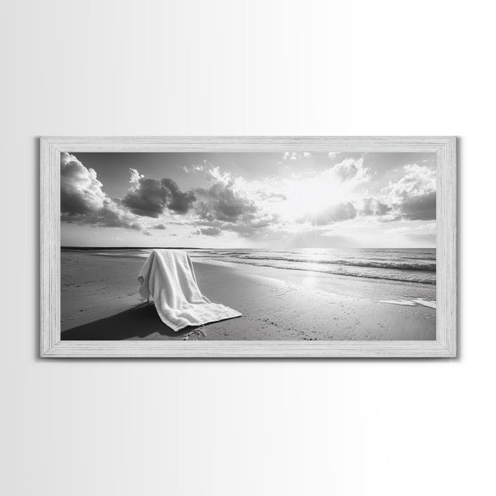 Beach Towel, Serene Shoreline, Peaceful Coastal Scene, Framed Canvas Print, Spa Bathroom Decor, Minimalist Beach Photography