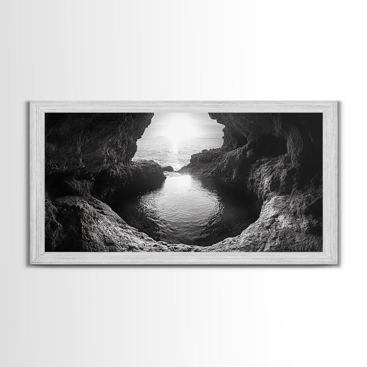 Ocean Cave Sunset, Seascape Art, Black and White Photography, Coastal Decor, Minimalist Style, Canvas Print, Bathroom Wall Art