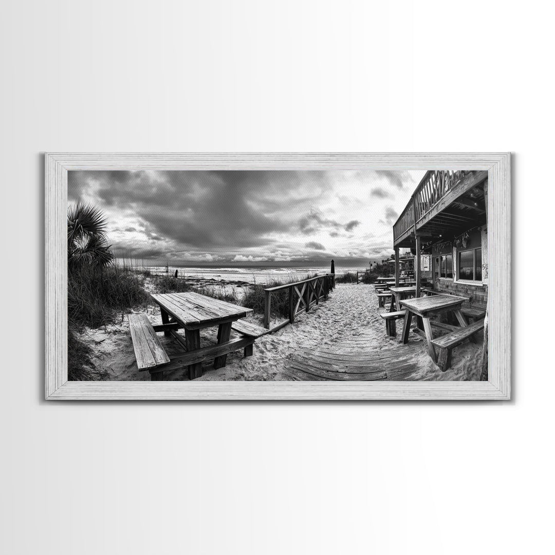 Beach Boardwalk, Coastal Restaurant, Moody Seaside View, Framed Canvas Print, Kitchen or Bar Wall Art, Rustic Autumn Decor