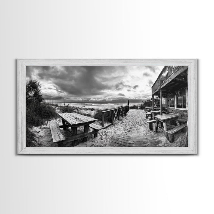 Beach Boardwalk, Coastal Restaurant, Moody Seaside View, Framed Canvas Print, Kitchen or Bar Wall Art, Rustic Autumn Decor