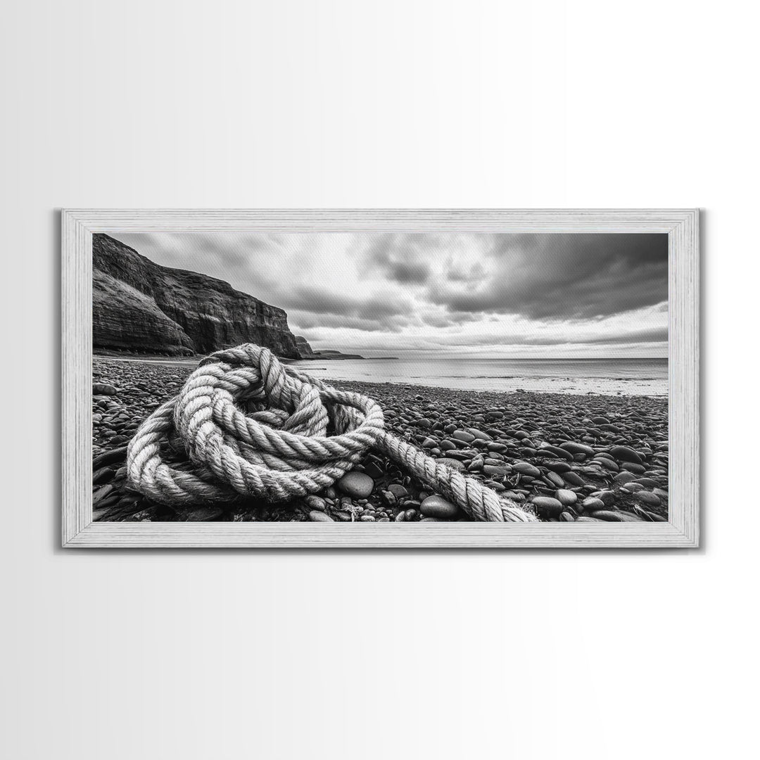 Coastal Rope, Pebble Shore, Nautical Texture, Rugged Seascape, Canvas Print, Bathroom Wall Art, Beach House Style, Moody Ocean Decor