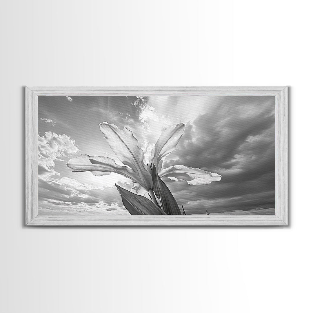 Blooming Iris, Floral Sky, Dreamy Nature, Petal Light, Framed Canvas Print, Modern Bedroom Art, Feminine Wall Art, Botanical Home Decor