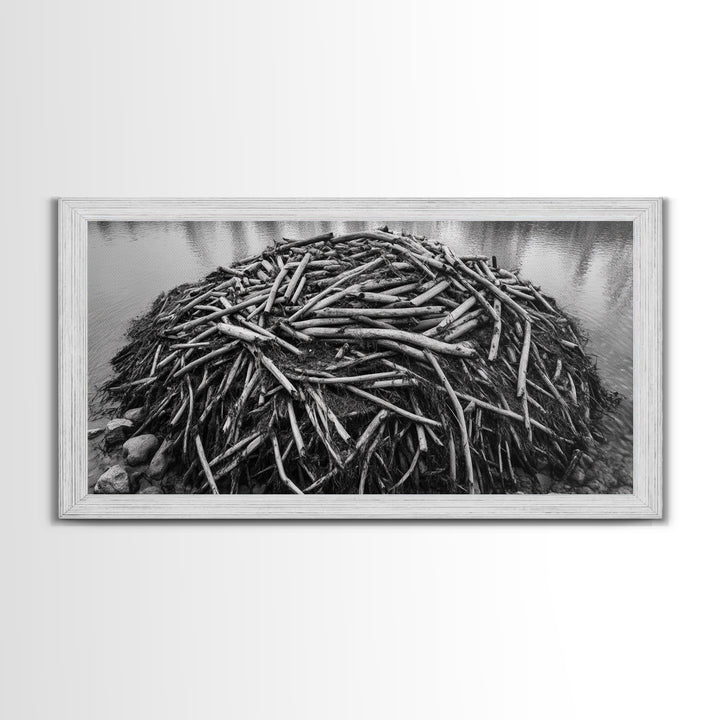 Beaver Lodge, Natural Structure, Earthy River Habitat, Framed Canvas Print, Cabin Wall Art, Nature-Inspired Rustic Fall Decor