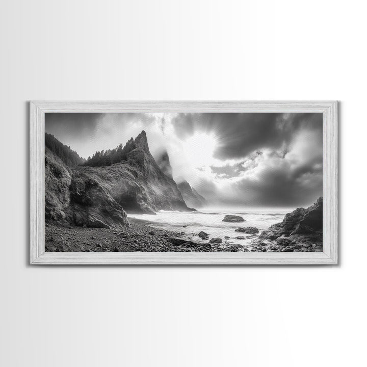 Coastal Cliffside, Stormy Sea, Dramatic Sky, Ocean Mood, Framed Canvas Print, Monochrome Art, Living Room Beach House Decor
