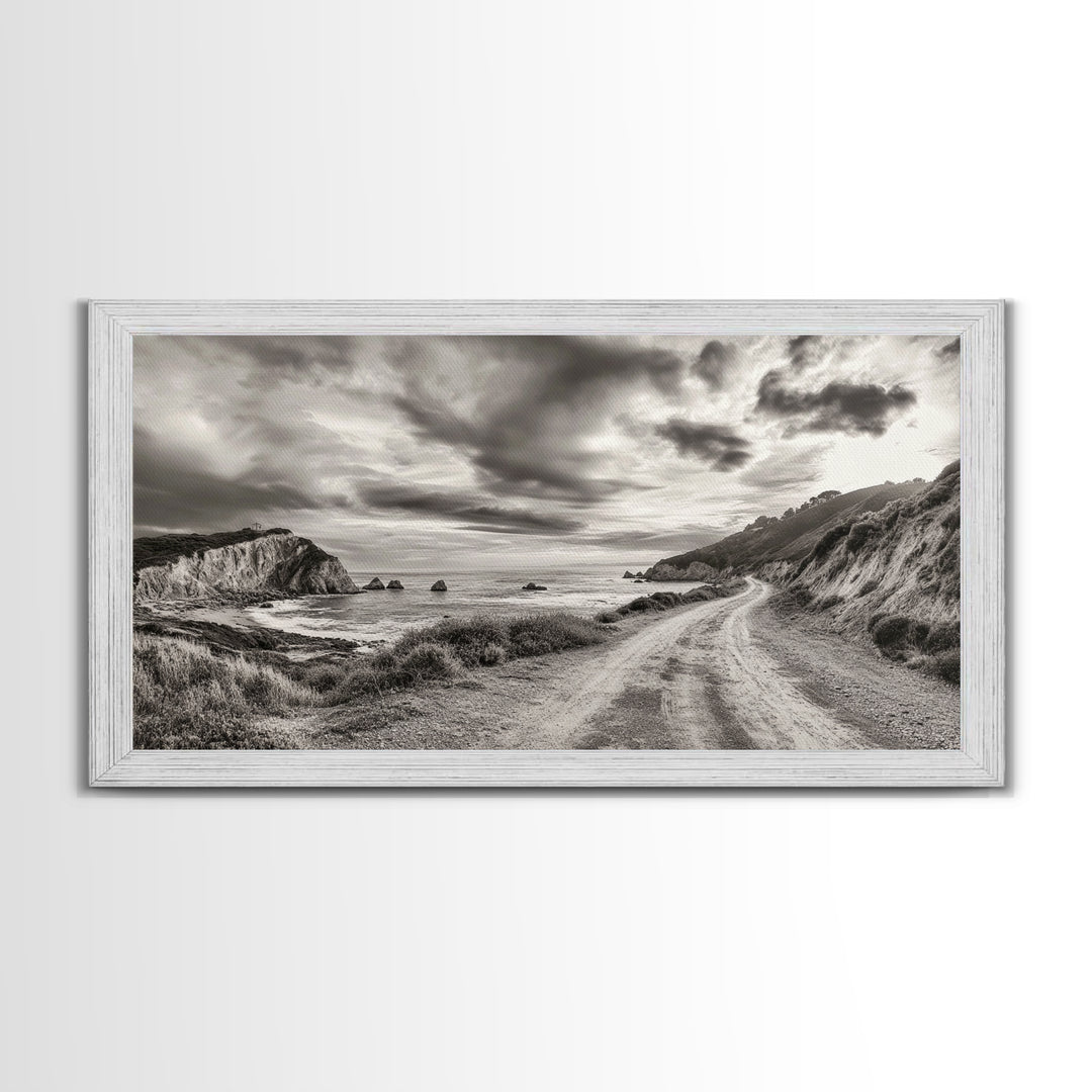 Coastal Road, Scenic Journey, Ocean Path, Cloudy Sky, Framed Canvas Print, Rustic Wall Art, Entryway Wanderlust Landscape, Coastal House