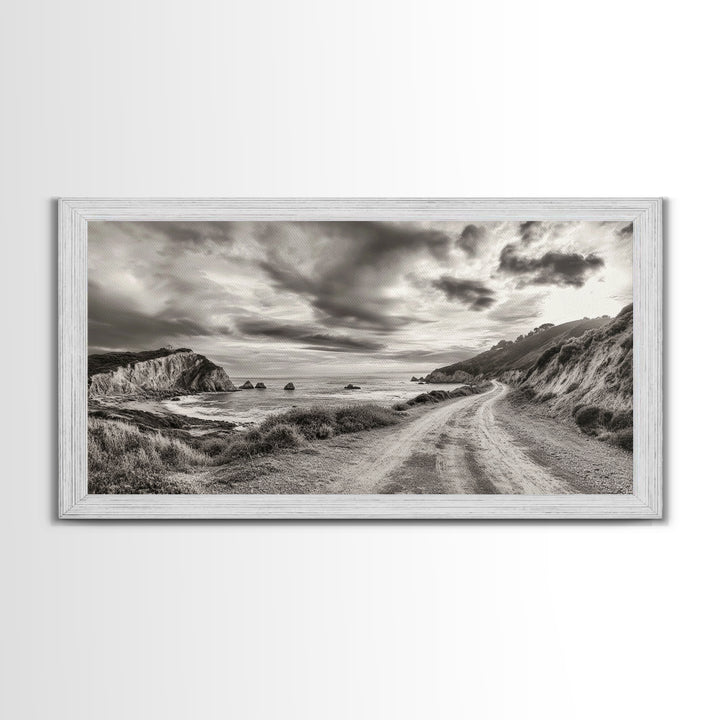 Coastal Road, Scenic Journey, Ocean Path, Cloudy Sky, Framed Canvas Print, Rustic Wall Art, Entryway Wanderlust Landscape, Coastal House