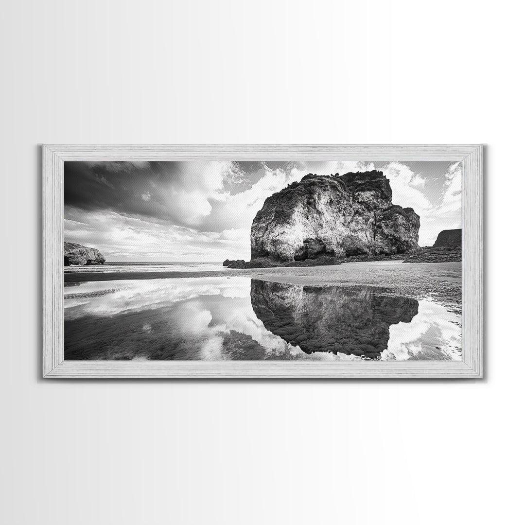 Beach Reflection, Seaside Rock, Cloudy Horizon, Coastal View, Framed Canvas Print, Minimalist Wall Art, Bathroom Ocean Decor