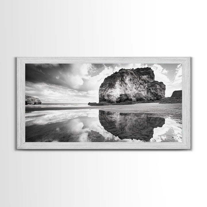Beach Reflection, Seaside Rock, Cloudy Horizon, Coastal View, Framed Canvas Print, Minimalist Wall Art, Bathroom Ocean Decor