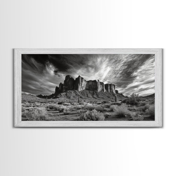 Desert Mesa, Dramatic Sky, Western Landscape, Cactus Field, Framed Canvas Print, Rustic Wall Art, Living Room Southwest Decor