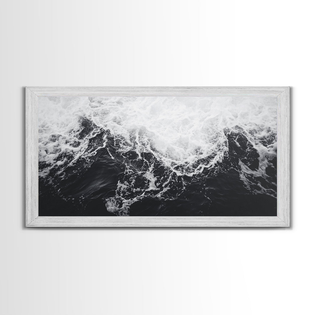 Ocean Texture, Crashing Waves, Abstract Sea, Monochrome Motion, Framed Canvas Print, Coastal Wall Art, Bathroom Minimalist Decor