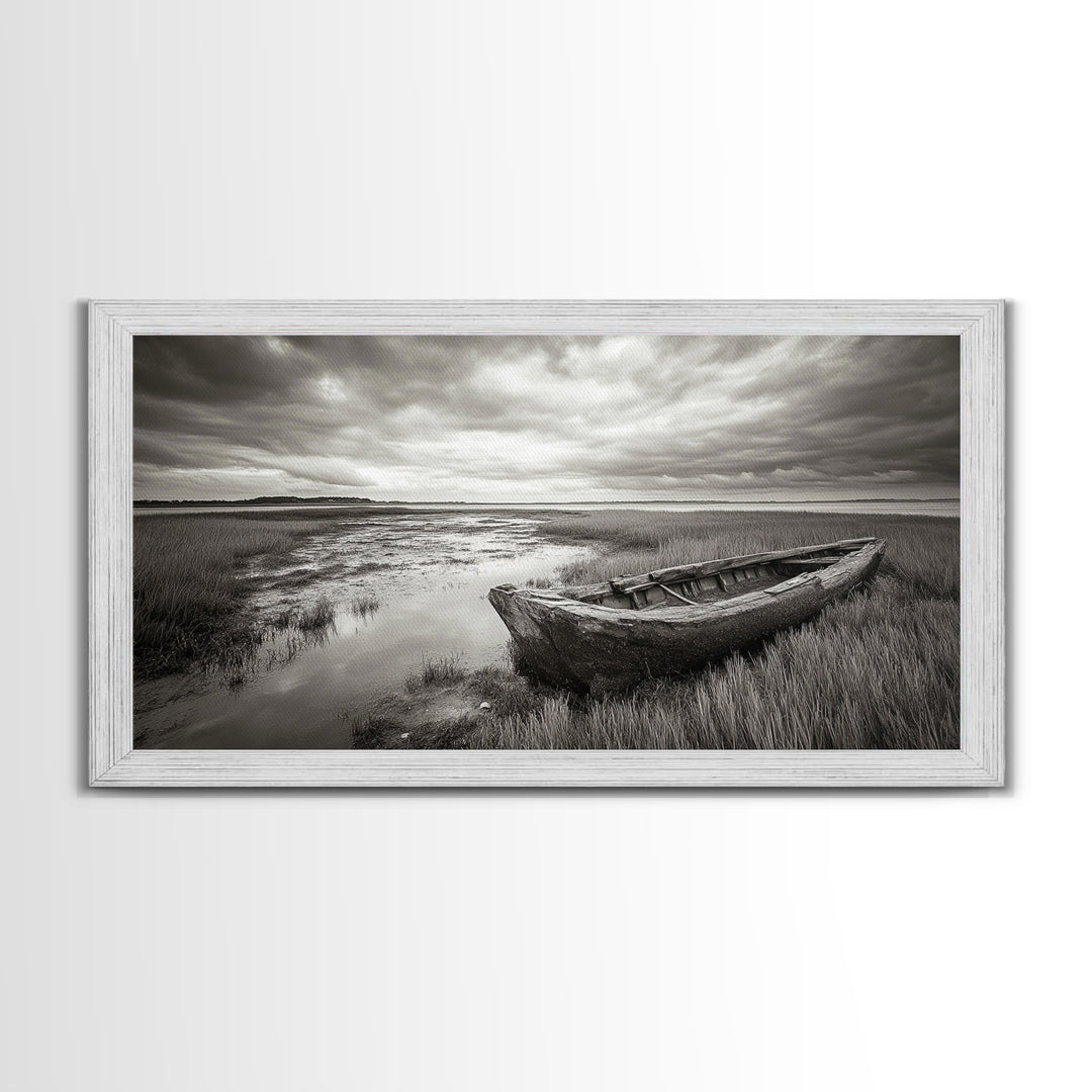 Abandoned Boat, Coastal Marsh Scene, Sepia Seascape, Framed Canvas Print, Living Room Wall Art, Moody Autumn Nautical Decor