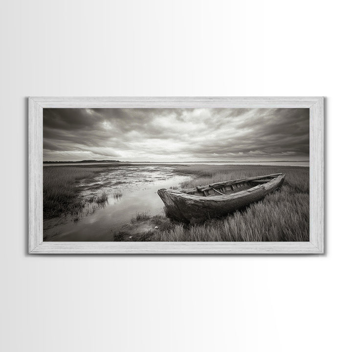 Abandoned Boat, Coastal Marsh Scene, Sepia Seascape, Framed Canvas Print, Living Room Wall Art, Moody Autumn Nautical Decor