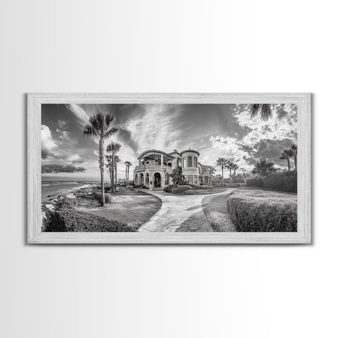 Beach Mansion Wall Art, Tropical Coastal House, Luxury Villa Print, Palm Tree Canvas Print, Living Room Decor, Modern Home Wall Art