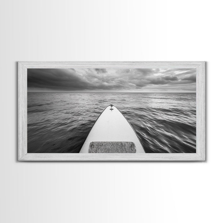 Ocean Horizon Board, Paddleboarding Adventure, Cloudy Sea Landscape, Framed Canvas Print, Modern Coastal Office or Living Room Art