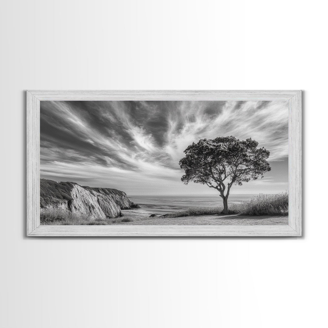 Coastal Tree Cliff, Ocean Breeze Scene, Scenic Nature Vibes, Framed Canvas Print, Boho Bedroom or Serene Living Room Wall Art