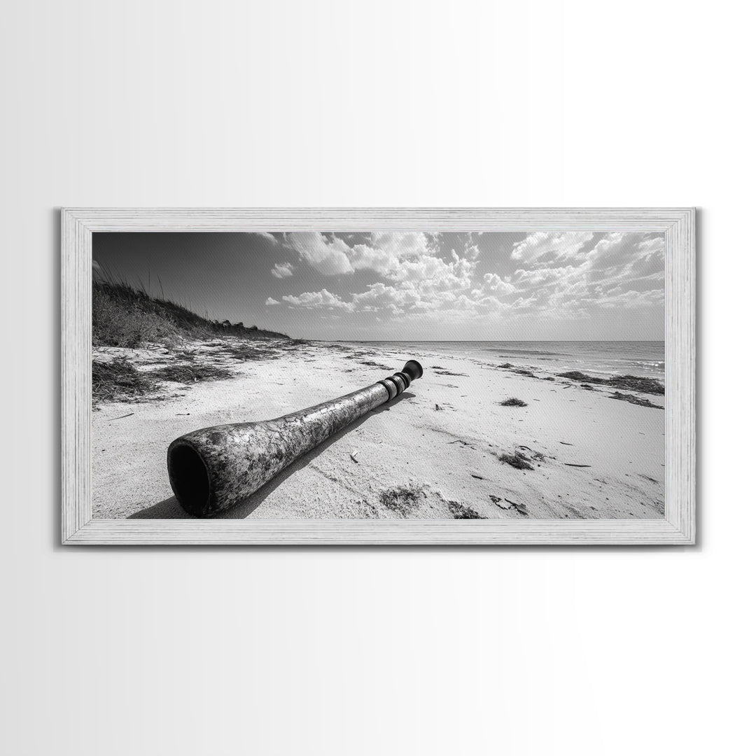 Abandoned Beach Pipe, Surreal Coastal Scene, Washed Ashore Photography, Framed Canvas Print, Moody Living Room or Fall Wall Art