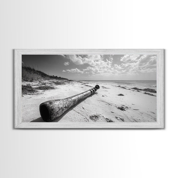 Abandoned Beach Pipe, Surreal Coastal Scene, Washed Ashore Photography, Framed Canvas Print, Moody Living Room or Fall Wall Art