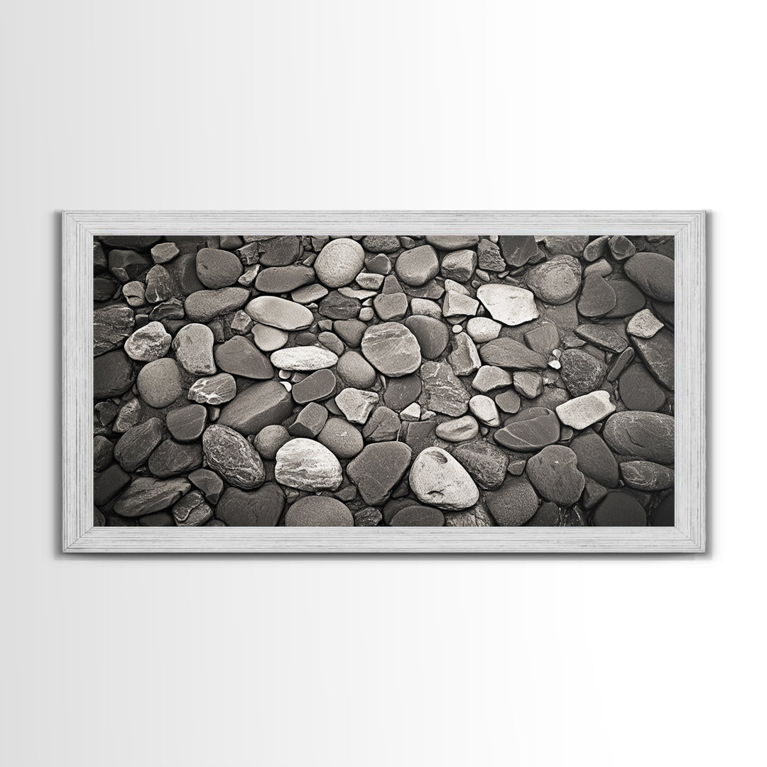 River Stones, Zen Rock Pattern, Natural Earth Tones, Minimal Decor, Framed Canvas Print, Modern Bathroom Spa Wall Art, Living Room Wall Art
