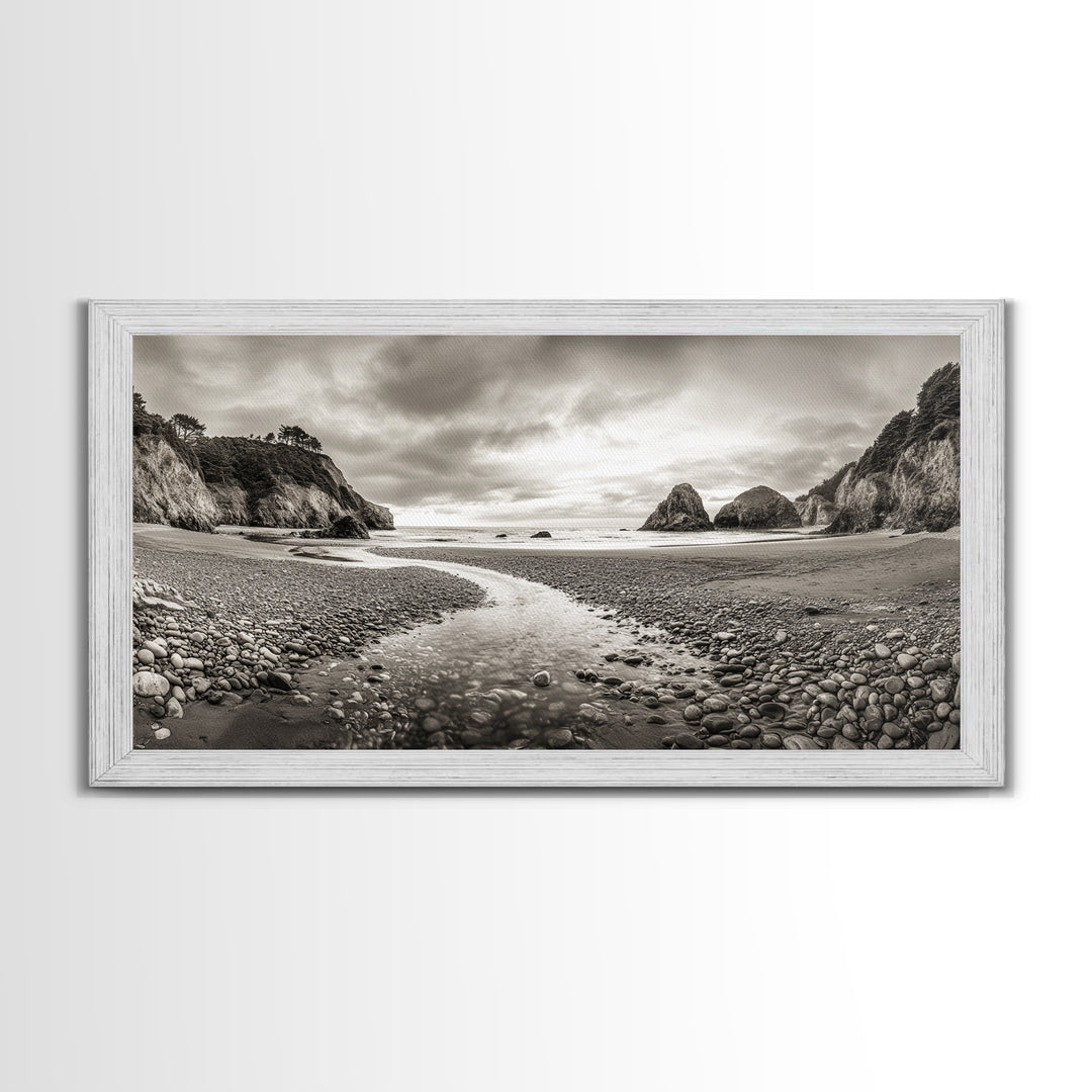 Coastal Pebble Beach, Pacific Shoreline, Serene Nature Landscape, Framed Canvas Print, Neutral Bedroom or Fall Living Room Wall Art