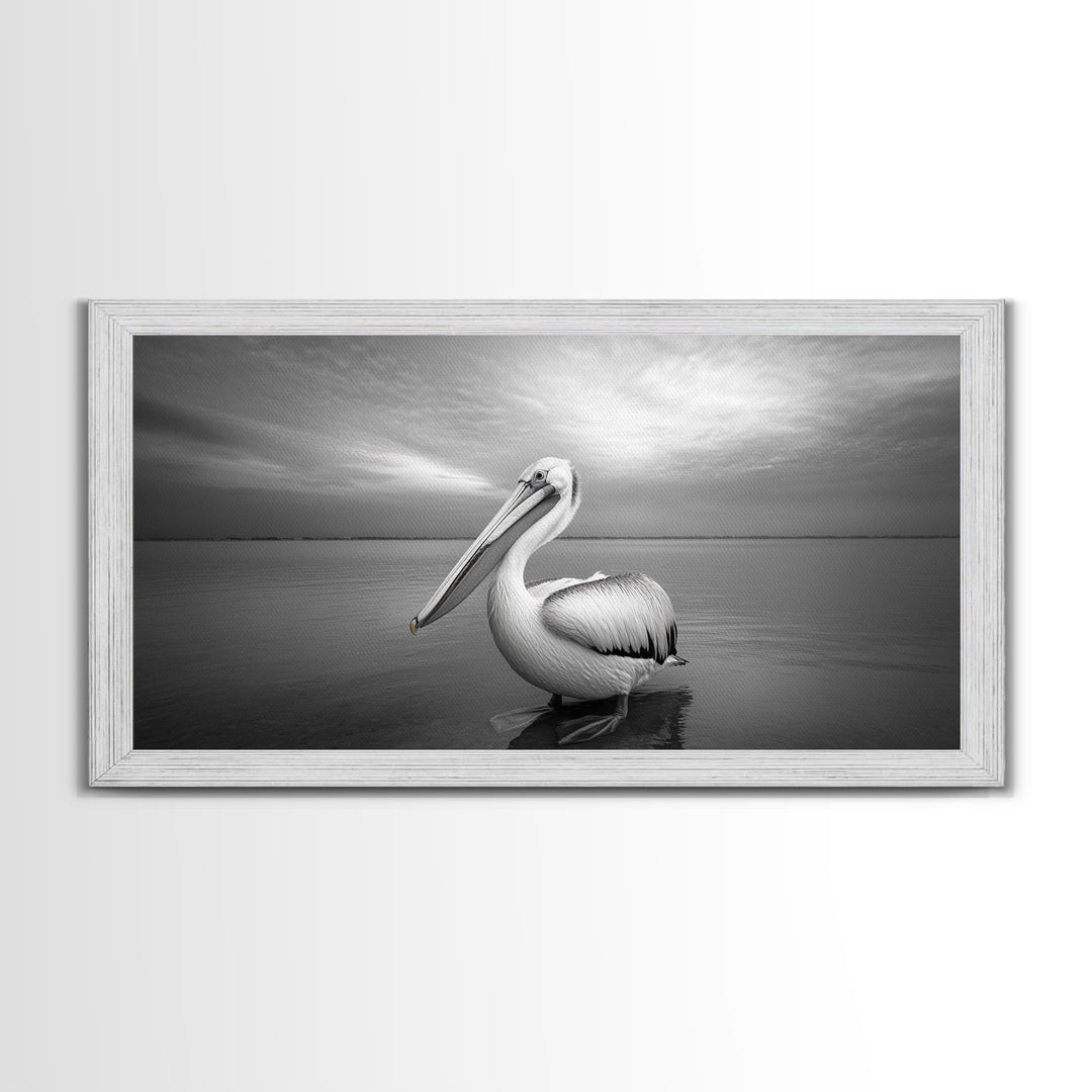 Ocean Pelican, Peaceful Bird Portrait, Coastal Wildlife Art, Framed Canvas Print, Minimalist Entryway or Beach House Wall Art