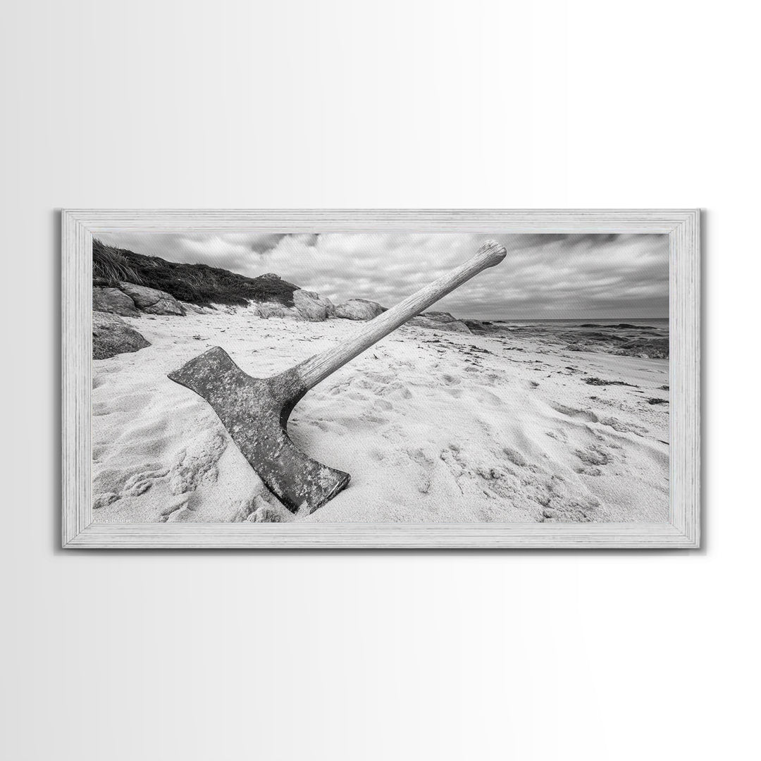 Axe in Sand, Abandoned Tool Scene, Rustic Coastal Mood, Framed Canvas Print, Cabin Wall Art or Moody Fall Living Room Decor, Bathroom Wall Art