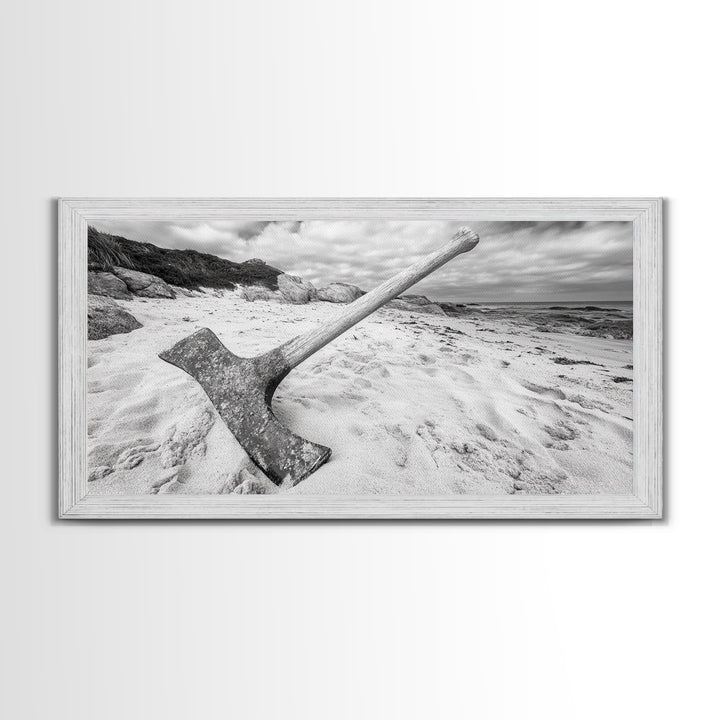 Axe in Sand, Abandoned Tool Scene, Rustic Coastal Mood, Framed Canvas Print, Cabin Wall Art or Moody Fall Living Room Decor, Bathroom Wall Art
