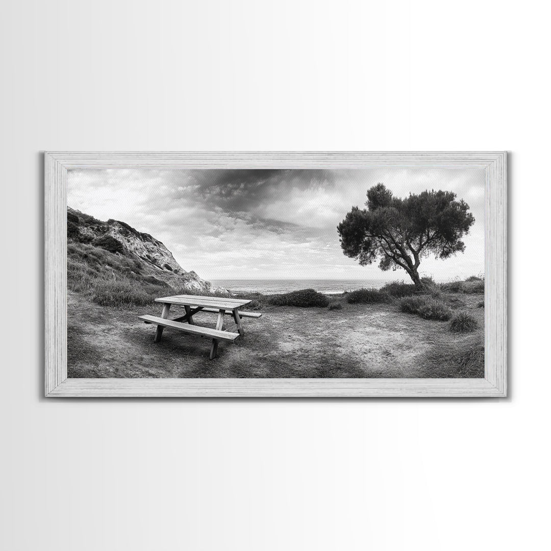 Picnic Table View, Coastal Meadow Scene, Tree and Cliff Horizon, Framed Canvas Print, Relaxing Kitchen or Outdoor Patio Wall Art