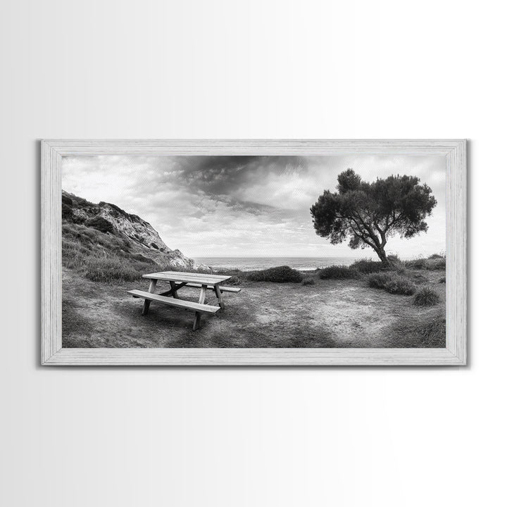 Picnic Table View, Coastal Meadow Scene, Tree and Cliff Horizon, Framed Canvas Print, Relaxing Kitchen or Outdoor Patio Wall Art