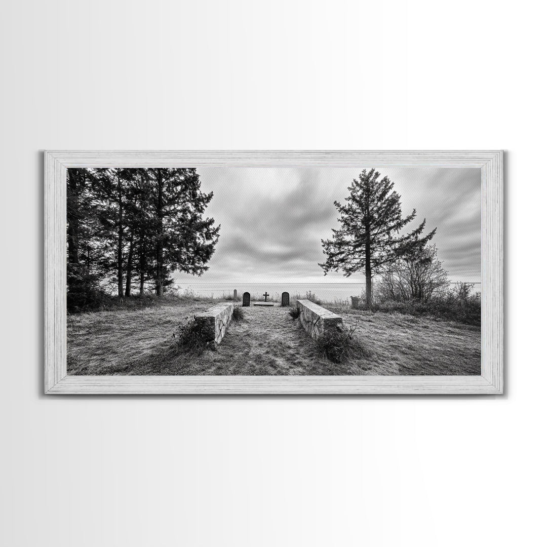 Coastal Graveyard, Moody Seascape, Quiet Reflection Scene, Framed Canvas Print, Gothic Office or Haunted Fall Wall Art Decor, Hallway Wall Art