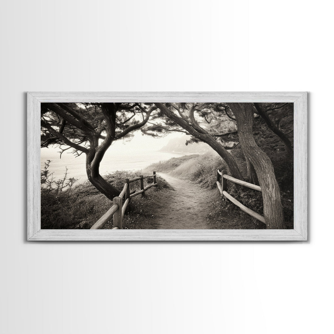 Ocean Cliff Path, Framed Trail Trees, Coastal Escape Scene, Framed Canvas Print, Boho Bedroom or Peaceful Hallway Wall Art, Entryway Accent