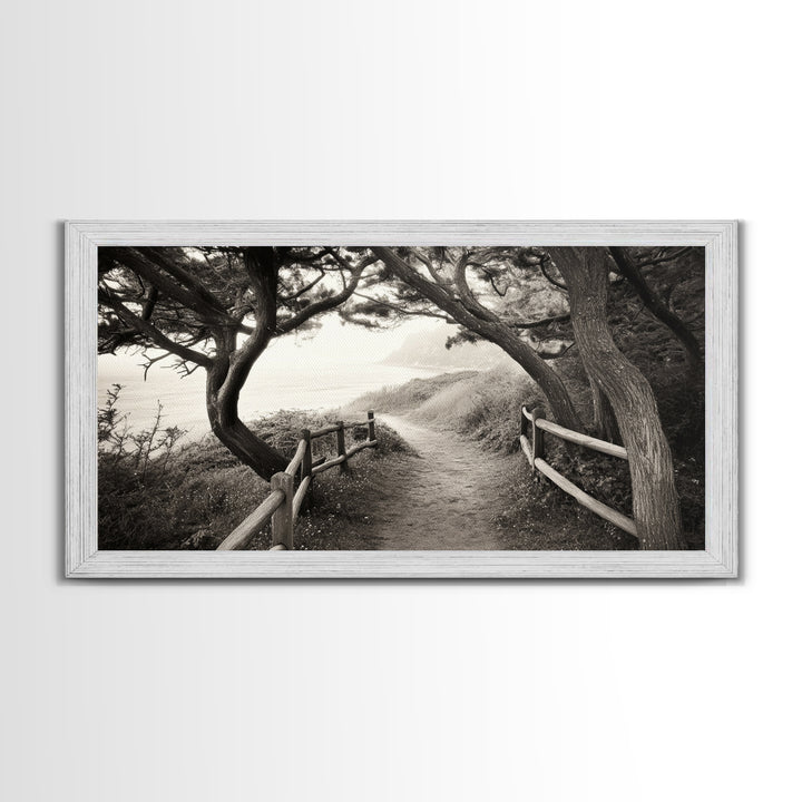 Ocean Cliff Path, Framed Trail Trees, Coastal Escape Scene, Framed Canvas Print, Boho Bedroom or Peaceful Hallway Wall Art, Entryway Accent
