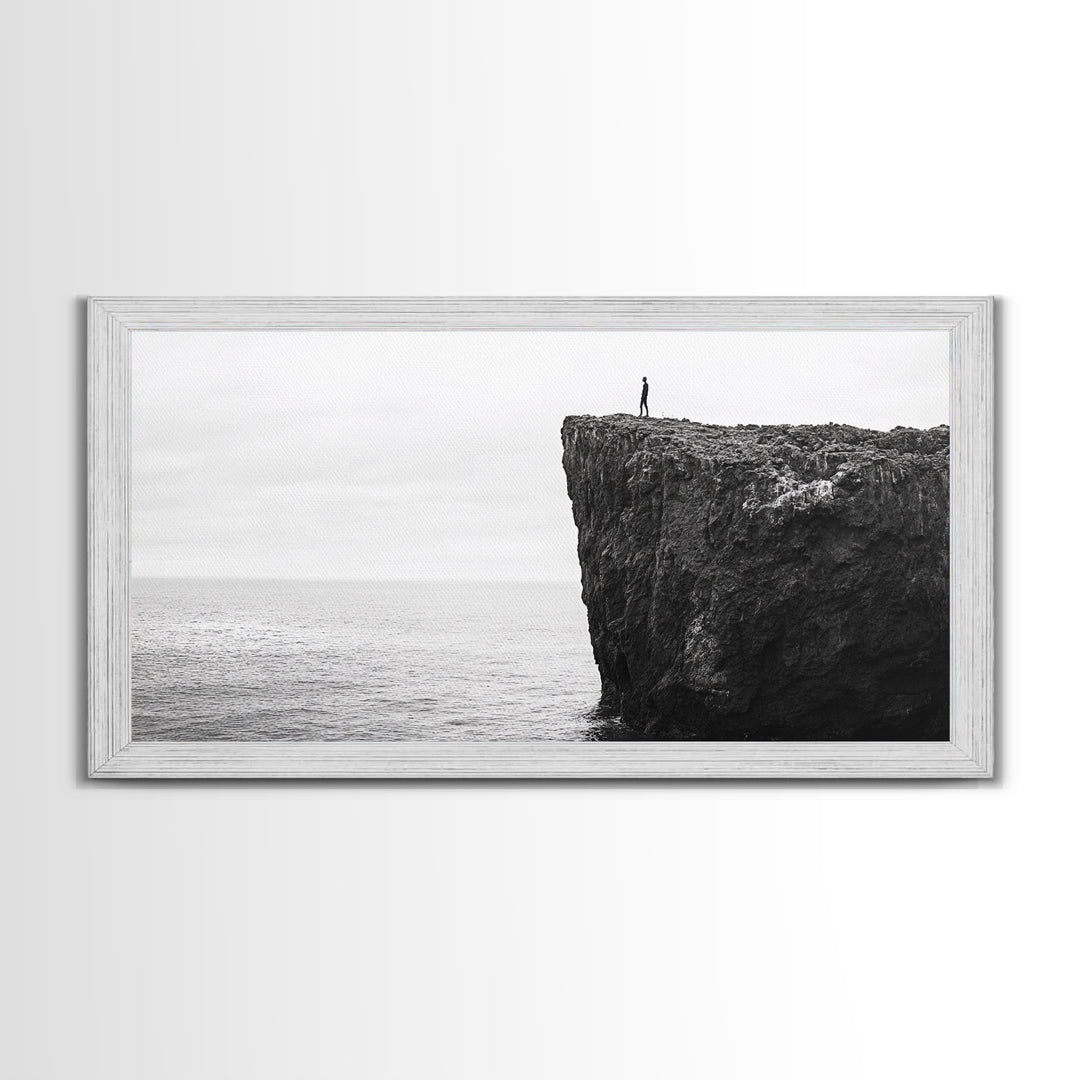Ocean Cliff, Brave Explorer, Minimal Landscape, Adventure Wall Art, Framed Canvas Print, Modern Home Decor, Inspirational Office Art
