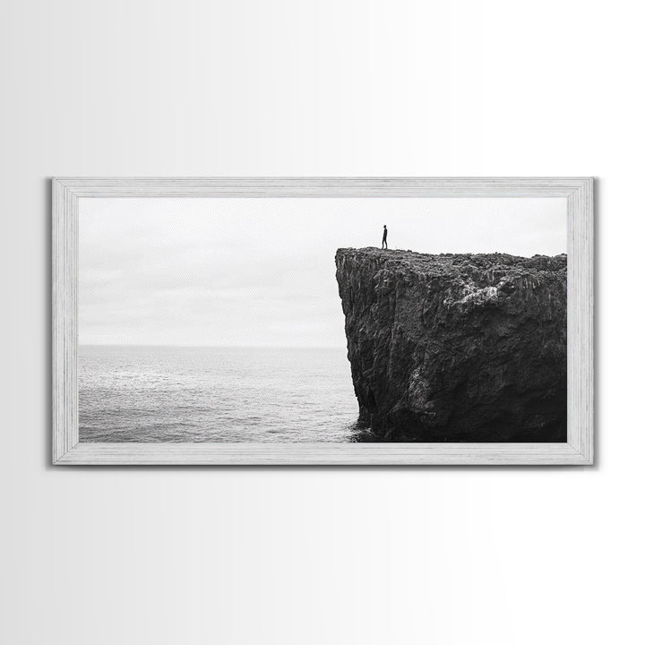 Ocean Cliff, Brave Explorer, Minimal Landscape, Adventure Wall Art, Framed Canvas Print, Modern Home Decor, Inspirational Office Art