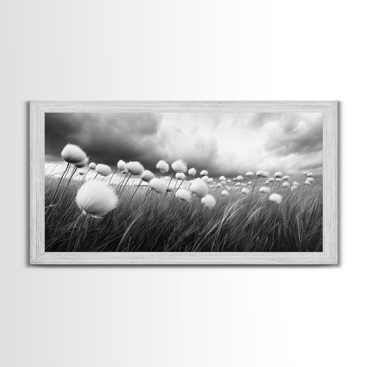 Cotton Grass Field, Stormy Sky Art, Botanical Monochrome, Minimalist Nature Print, Framed Canvas Print, Bedroom Wall Art, Nordic Style