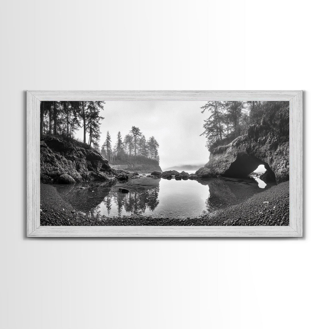 Coastal Cave Reflections, Misty Tidepool Scene, Moody Nature Landscape, Canvas Print, Living Room Wall Art, Black And White Art