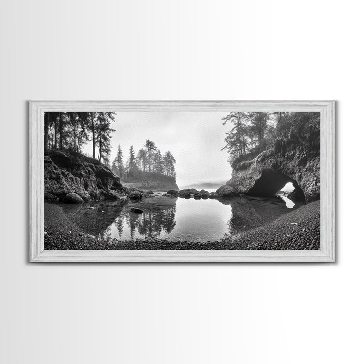 Coastal Cave Reflections, Misty Tidepool Scene, Moody Nature Landscape, Canvas Print, Living Room Wall Art, Black And White Art